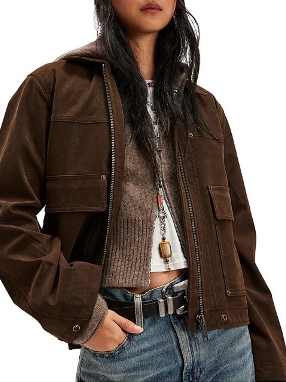 NWT🌷Free People Chocolate Torte Vegan Suede Sierra Collared Long Sleeve Jacket